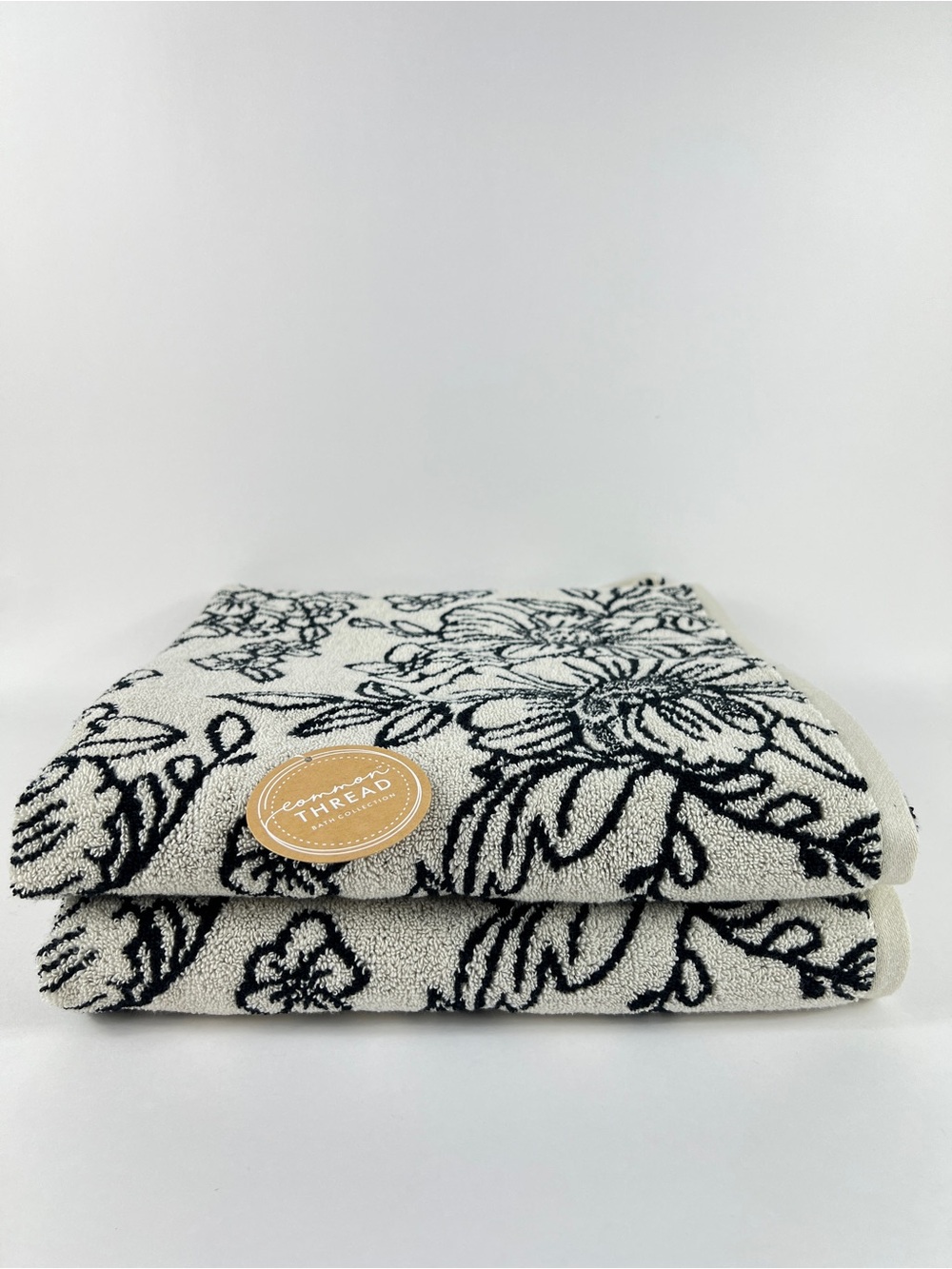 Common Thread Bath Towel Set Luxury Cream Black Floral Soft Cotton 2 Pc NEW